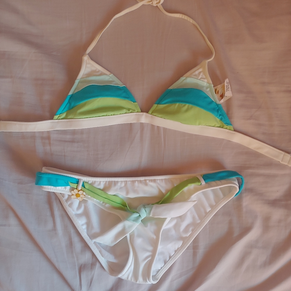 NWOT Roxy Small Bikini top and bottom blue green